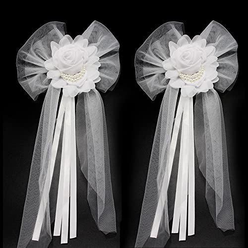 Blausky 1 Paar Große Geschenk Schleife,Autoschleifen Hochzeit Tüllschleife Weihnachtsschleifen Schleifen mit Perlen Dekoschleifen Geschenkschleife für Party,Stuhl,Auto Hochzeit Deko,L(55x30cm) von Blausky