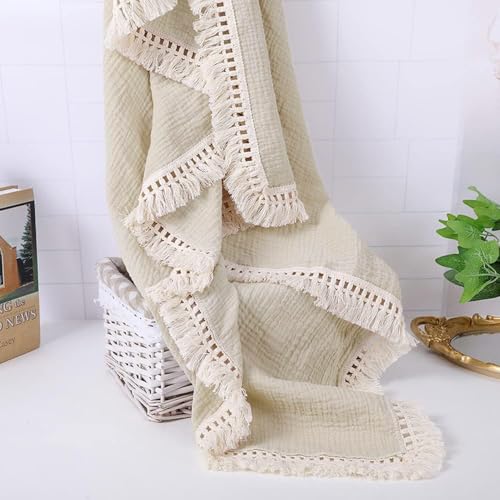 Blausky 1 Stück Musselin Babydecke,Decke Baby,Baumwolle Decke,Überwurf mit Fransen,Sofadecke,Schlafdecken,Musselin-Decke,Quaste Decken,Krabbeldecke,für Kleinkinder Mädchen Junge,Khaki,100cmx120cm von Blausky