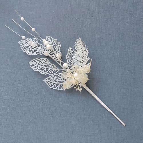 Blausky 6 Stück Kunstzweig,Weihnachts Glitzer Blume Beeren Stiele,Weihnachtsbeeren Stiel,Weihnachten Blätter,Künstlich Weihnachtszweige GlitzerndeDekozweig mit Glitzern,Länge 42 cm,Weiß von Blausky