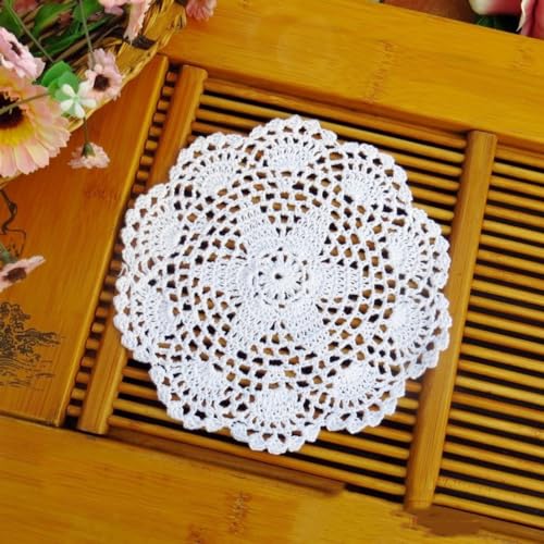 Blausky 6 Stück Runde Bestickte Tischmatte,Häkeldeckchen,Spitzendeckchen Tischset Kleine Häkeln Tischläufer Baumwolle Untersetzer,Tischdecken für Tassen Schalen Teller Vasen Antike,20 cm,Weiß von Blausky