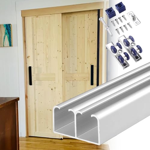 Schiebetür Schiene Schiebetürbeschlag Doppelschienen-Beschlagsatz für Scheunentore, Schiebetürschiene, Aluminium-Gleitschienensatz für Schranktüren(Silver,80cm(31.5in)) von Blazea