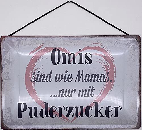 Blechschild mit Kordel 18 x 12 cm Oma Schild: Omis sind wie Mamas, nur mit Puderzucker - Blechemma von Blechemma