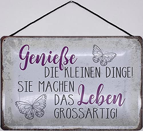 Blechschild mit Kordel 18 x 12 cm Spruch: Genieße die kleinen Dinge ! Sie machen das Leben großartig ! - Blechemma von Blechemma