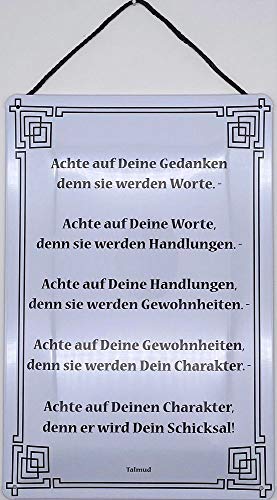 Blechschild mit Kordel 18 x 12 cm Talmud Spruch: Achte auf Deine Gedanken denn sie werden Worte - Blechemma von Blechemma