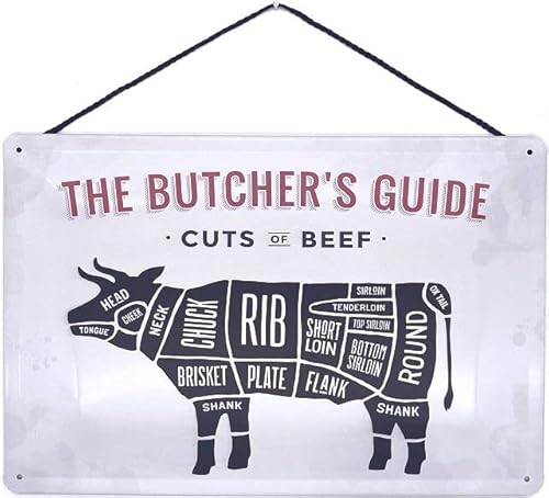 Blechschild mit Kordel 30 x 20 cm BBQ - The Butcher`s Guide - Cuts of Beef - Blechemma von Blechemma