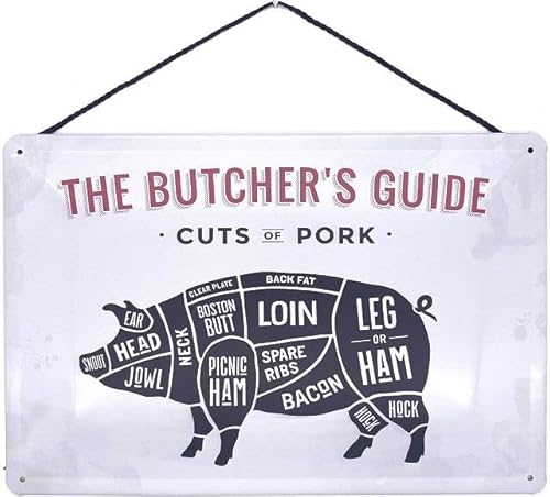 Blechschild mit Kordel 30 x 20 cm BBQ - The Butcher`s Guide - Cuts of Pork - Blechemma von Blechemma