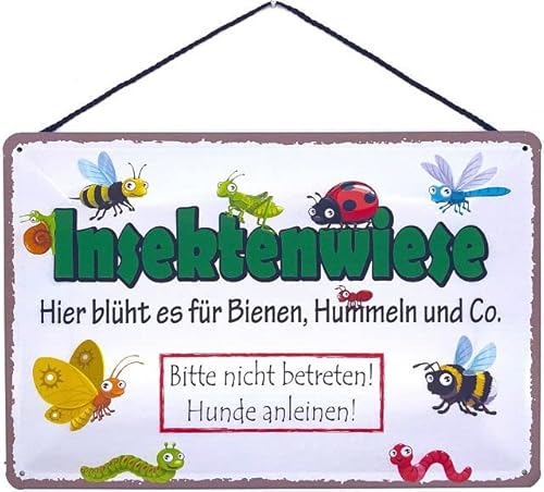 Blechschild mit Kordel 30 x 20 cm Garten Schild: Insektenwiese. Hier blüht es für Bienen, Hummeln und Co. - Blechemma von Blechemma