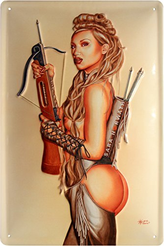 Sara Horwath Girl Jägerin Armbrust Pin Up geprägt 20x30 cm Blechschild 1893 von Blechschild 20 x 30 cm