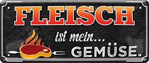 WOGEKA ART Retro Blechschild - Fleisch ist mein Gemüse - Steak vom Grill - witziger Spruch als Geschenk-Idee Geburtstag Weihnachten Dekoration 28x12 cm Vintage-Design Metall 1578 von WOGEKA ART