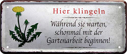 WOGEKA ART Retro Blechschild - Hier klingeln und Schon mal Unkraut pflücken - witziger Spruch Geschenk-Idee Geburtstag Weihnachten Dekoration 20x30 cm Vintage-Design Metall 1536 von WOGEKA ART