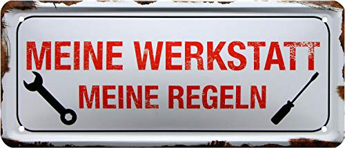 WOGEKA ART Retro Blechschild - Meine Werkstatt - meine Regeln Werkzeug - witziger Spruch als Geschenk-Idee zum Geburtstag Weihnachten Dekoration 28x12 cm Vintage-Design Metall 2027 von WOGEKA ART