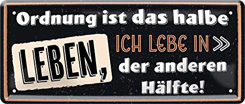 WOGEKA ART Retro Blechschild - Ordnung ist das halbe Leben - witziger Spruch als Geschenk-Idee zum Geburtstag Weihnachten zur Dekoration 28x12 cm Vintage-Design aus Metall 1765 von WOGEKA ART
