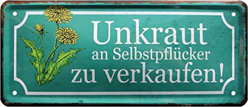 WOGEKA ART Retro Blechschild - Unkraut an Selbstpflücker zu verkaufen - witziger Spruch als Geschenk-Idee zum Geburtstag Weihnachten Dekoration 28x12 cm Vintage-Design Metall 1519 von WOGEKA ART