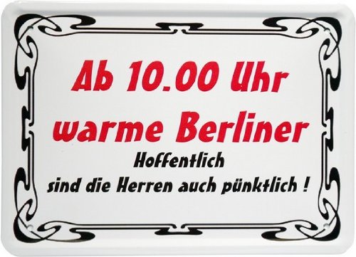 WOGEKA ART Retro Blechschild - Ab 10 Uhr warme Berliner. - witziger Spruch als Geschenk-Idee zum Geburtstag Weihnachten zur Dekoration 21x15 cm Vintage-Design aus Metall MJ 108 von WOGEKA ART