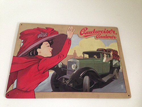Blechschild Budweiser Bier Frau mit Hut LKW mit Fässern beige Budvar 5 von Blechschild
