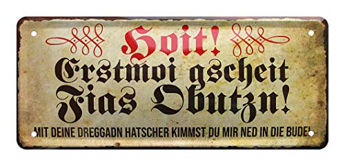 Blechschild Füße abputzen - Retro Deko Schild - Hinweisschild Schuhe abputzen auf bayrisch bayerischer Dialekt - Dekoration Türeingang Hauseingang Garderobe Schuhregal Schuhschrank Fußmatte - 28x12cm von Blechschild