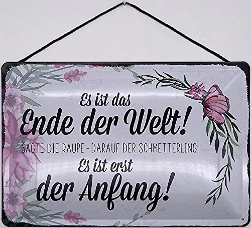 Blechschild mit Kordel 30 x 20 cm Spruch: Es ist das Ende der Welt ! SAGT die Raupe - darauf der Schmetterling: Es ist erst der Anfang ! ! - Blechemma von Blechschild