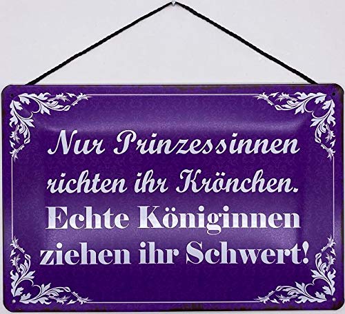 Blechschild mit Kordel 30 x 20 cm Spruch: Nur Prinzessinnen richten Ihr Krönchen. Echte Königinnen ziehen Ihr Schwert ! - Blechemma von Blechschild