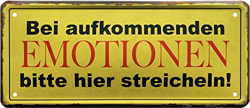 Blechschilder Lustiger Spruch “Bei aufkommenden Emotionen Bitte Hier streicheln!“ Deko Schild Humor Metallschild Geschenkidee Tür Witziges Geschenk zum Geburtstag oder Weihnachten 28x12 cm von Blechschilder