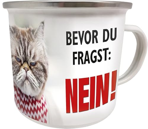 Blechwaren Fabrik Braunschweig GmbH Emaille Becher 0,5 L - KATZE - BEVOR DU FRAGST : NEIN ! - EB88 von Blechwaren Fabrik Braunschweig GmbH