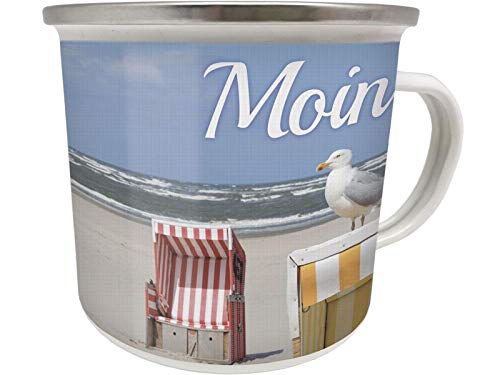 Blechwaren Fabrik Braunschweig GmbH Emaille Becher 0,5 L - Moin Moin MÖWE STRANDKORB - EB24 Tasse Urlaub Meer von Blechwaren Fabrik Braunschweig GmbH