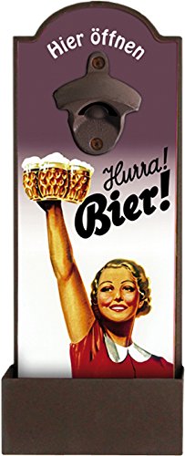 Blechwaren Fabrik Braunschweig GmbH Wandflaschenöffner - HURRA Bier - Flaschenöffner für die Wand auf MDF Platte mit Blechbox GRV001 von Blechwaren Fabrik Braunschweig GmbH