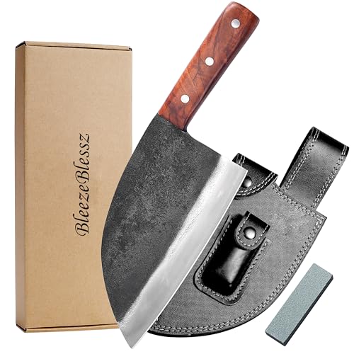 BleezeBlessz Kochmesser Hackmesser Handgeschmiedetes serbisches Küchenmesser aus Kohlenstoffstahl mit Lederscheide für Draussen-Camping-Kochen… von BleezeBlessz