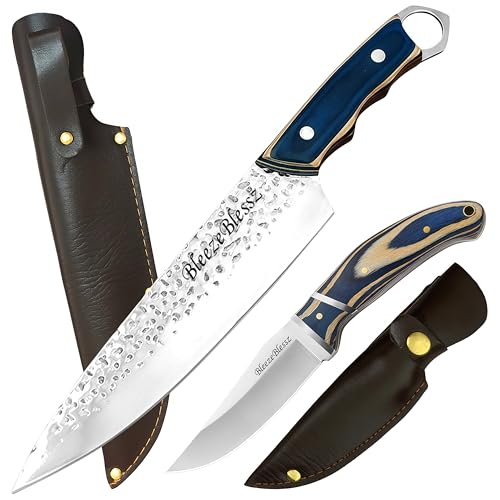 Kochmesser Hackmesser Küchenmesser-Set Edelstahlgriff (Silber) Blau, Jagdmesser-Set (mit Holster) Kochmesser Hackmesser Fleischermesser Kochmesser Serbisches Küchenmesser Metzger-Küchenmesser von BleezeBlessz