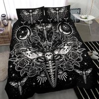 Skull Moth Secret Society Occult Style 3-Teiliges Bettset Schwarz-Weiß Version-Skull Bettset-Skull Bettset-Totenkopf Bettdecke-Gothic Bettdecke von BlendedExtreme