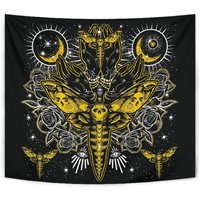 Totenkopf Moth Secret Society Okkult Stil Große Wanddekoration Wandteppich Schwarz Weiß Gelb-Okkult Wanddeko von BlendedExtreme