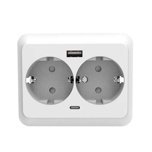 Dual-Einbausteckdose mit Erdung, 16 A, 250 V und USB-A- und C-Anschlüsse, ideal zum Laden und Versorgen von Geräten in engen Räumen, kombiniert Funktionalität und praktisches Design. von Blendend