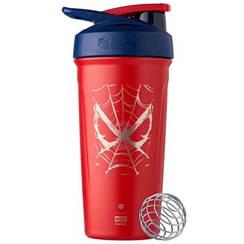Blender Bottle Marvel Strada Cup Isolierte Edelstahl-Shakerflasche mit Drahtbesen, 680 ml, Spiderman Web von BlenderBottle