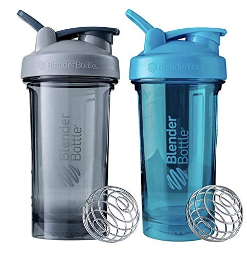 BlenderBottle Pro Series Shaker Bottle BlenderBall abgerundete Basis mit Auslaufschutz, 680 ml, 2er-Pack (grau – blau) von BlenderBottle
