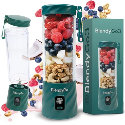 BlendyGo 3® Mixer Smoothie Maker, Smoothie Mixer Klein, Mini Portable Blender, Tragbarer Mixer USB, Smoothie-Maker to go, Standmixer 550 ml, BPA-freie, PulseMotion &BlendPro Technologie (Flaschengrün) von BlendyGo