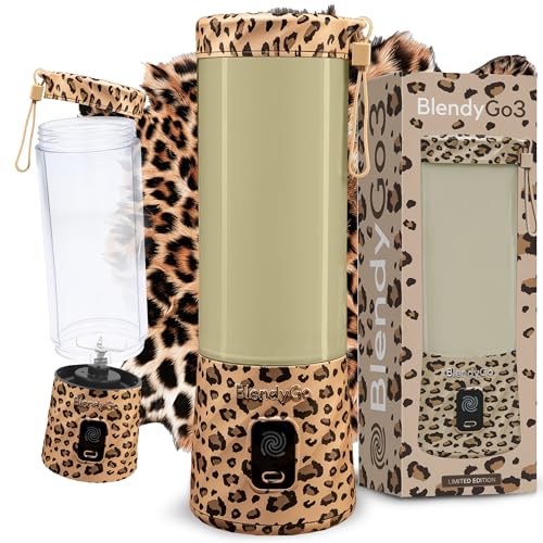 BlendyGo 3 Mixer Smoothie Maker, Smoothie Mixer Klein, Mini Portable Blender, Tragbarer Mixer USB, Smoothie-Maker to go, Standmixer 550 ml, BPA-freie, PulseMotion &BlendPro Technologie (Leopard) von BlendyGo
