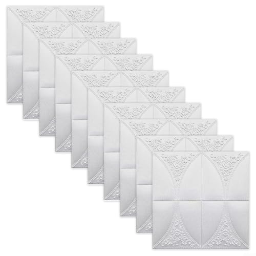 10 x 3D-Schaumstofffliesen-Wandaufkleber, wasserdicht, schallisoliert, Paneele für Schlafzimmer, Wohnzimmer, Küche und Glas-Wanddekoration (weiß) von BlesConi