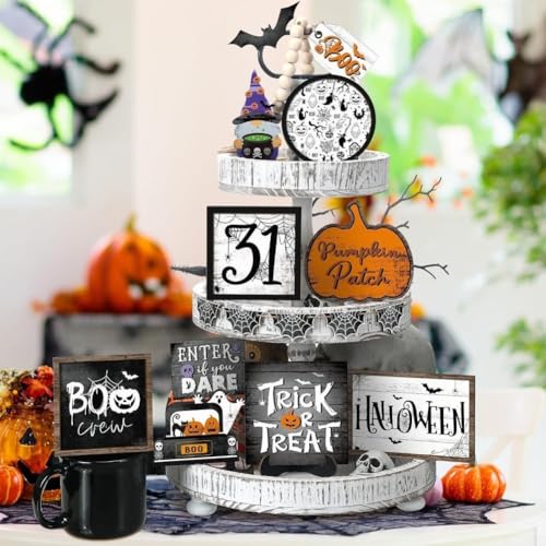 16-teiliges Halloween-Deko-Set aus Holz mit Kürbisen, Hexenfiguren und thematischen Schildern, entworfen für saisonale Zuhause, Partys und Schaufenster von BlesConi
