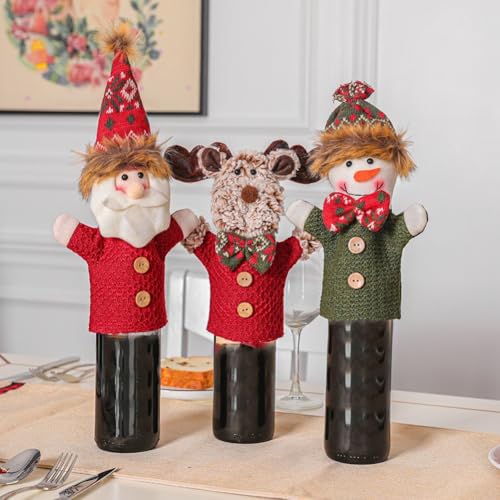 3-teilige Weinflaschenabdeckungen mit gestrickten Weihnachtsmann-, Rentier- und Schneemann-Motiven zur Verschönerung festlicher Tisch- und Bar-Einstellungen 3-teilige Weinflaschenabdeckungen mit gestrickten Weihnachtsmann-, Rentier- und Schneemann-Motiven zur Verschönerung festlicher Tisch- und Bar-Einstellungen von BlesConi
