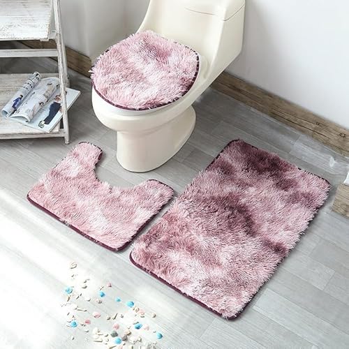 3-teiliges Badezimmerteppich-Set mit weicher Chenille und rutschfester Unterseite, mit Konturmatte und WC-Deckelbezug (violett-rot) von BlesConi