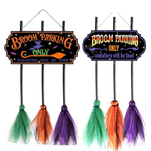 Besen Parken nur Schild mit 3 dekorativen Hexenbesen aus Holz für Halloween-Spaß (MZ867) von BlesConi