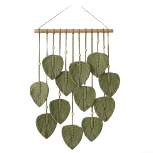 Exquisiter Blatt-Wandteppich, handgefertigt aus Baumwollseil mit Holzornamenten für unverwechselbare Inneneinrichtung (grün) von BlesConi