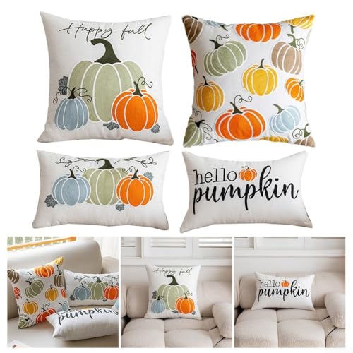 Set von Kürbis-Kissenbezügen für den saisonalen Gebrauch, 45,7 cm und 30,5 x 50,8 cm Taillenkissenbezüge mit gesticktem Design auf weichem Baumwoll-Polyester-Material (B) von BlesConi