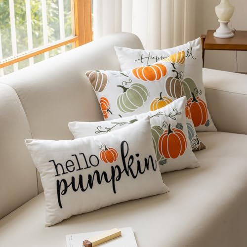 Set von Kürbis-Kissenbezügen für den saisonalen Gebrauch, 45,7 cm und 30,5 x 50,8 cm Taillenkissenbezüge mit gesticktem Design auf weichem Baumwoll-Polyester-Material (D) von BlesConi