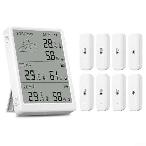 WiFi-Feuchtigkeits- und Temperatursensor mit LCD-Display, 100 m Reichweite, Fernüberwachung für Tuya (1 x Monitor + 8 x Sensor) von BlesConi