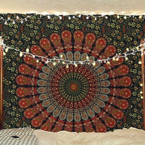 Bless International Handgefertigter indischer Hippie-, Bohemian-Pfauen-Mandala-Wandbehang, College-Schlafsaal, Strandüberwurf, Tischdecke, Bettwäsche, Wandteppich, 76 x 101 cm, Goldgrün von Bless International