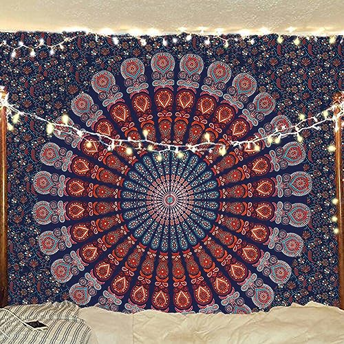Bless International Handgefertigte indische Mandala-Wanddeko, Boho, psychedelisch, Pfauen, Stranddecke, Tischdecke, Bettüberwurf, Tapisserie, Doppelbett-Größe (Queen), 215 x 230 cm, Gold/Blau/Weiß von Bless International