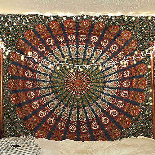 Bless International Indischer Hippie Bohemian Psychedelic Peacock Mandala Wandbehang Bettwäsche Tapisserie (Golden Green, King (223x264Inches)(225x265Cms)) von Bless International