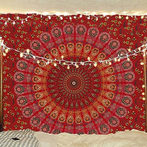 Bless International Indischer Hippie Bohemian Psychedelic Peacock Mandala Wandbehang Bettwäsche Tapisserie (Golden Red, Twin (137x182Inches) (140x185cms)) von Bless International
