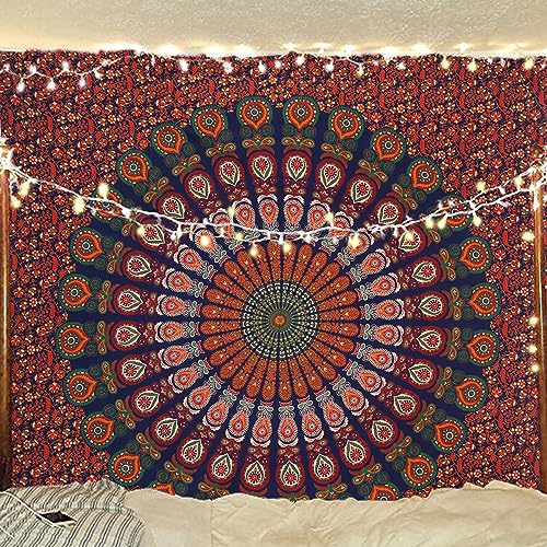 Bless International Indischer Hippie Bohemian Psychedelic Peacock Mandala Wandbehang Bettwäsche Tapisserie (Golden Red Green, King (223x264Inches)(225x265Cms)) von Bless International