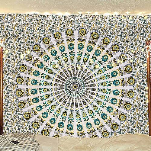 Bless International Handgefertigte indische Mandala-Wanddeko, Boho, psychedelisch, Pfauen, Stranddecke, Tischdecke, Bettüberwurf, Tapisserie, Doppelbett-Größe (Queen), 215 x 230 cm, Gelb/Grün von Bless International